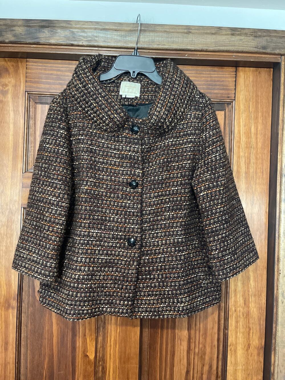 Kate Spade NY Brown Boucle Tweed Cropped Blazer Silver Lining Tag 3/4 Sleeve L